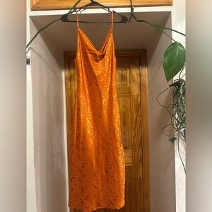 Lulus You're My Type Satin Jacquard Midi Slip Dress, Rust Orange, Size S